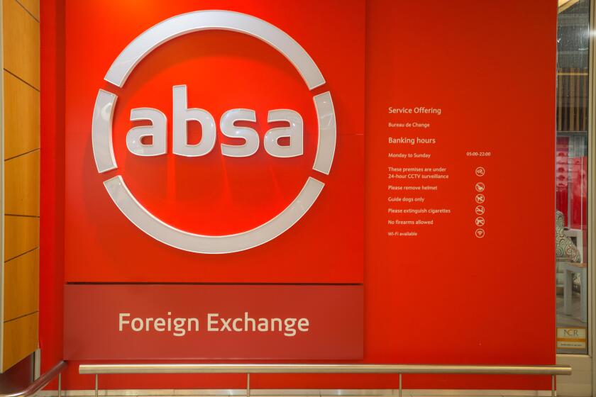 ABSA bank sign at their foreign exchange office or branch at Cape Town International airport in South Africa concept banking in Africa