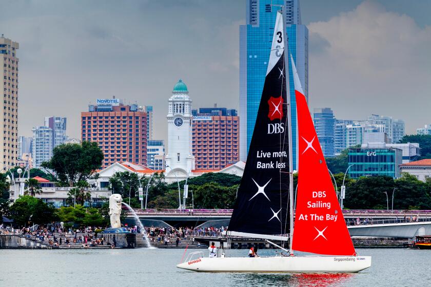 Sailing At The Bay, A DBS Sailboat Sails In Front Of The Merlion Park Area, Singapore, South East Asia