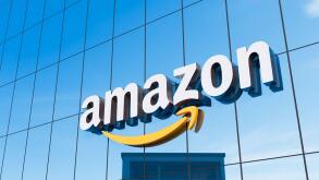 Pune, India - February 19, 2024. Amazon.com logo on the facade of the headquarter office. Amazon logo with arrow. 3D Illustration.