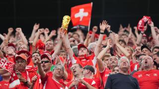 Vancouver, Ciudad de Mexico, Canada. 7th July, 2026. Switzerland fans celebrating with the World Cup trophy after winning the game during the FIFA World Cup 2026 Round Of 16 match between Switzerland and Colombia at BC Place Vancouver. on July 7, 2026 in 