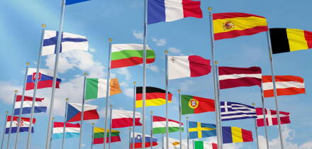 The flag of the European Union with the flags of the European Union waving in the sky ,Close-up