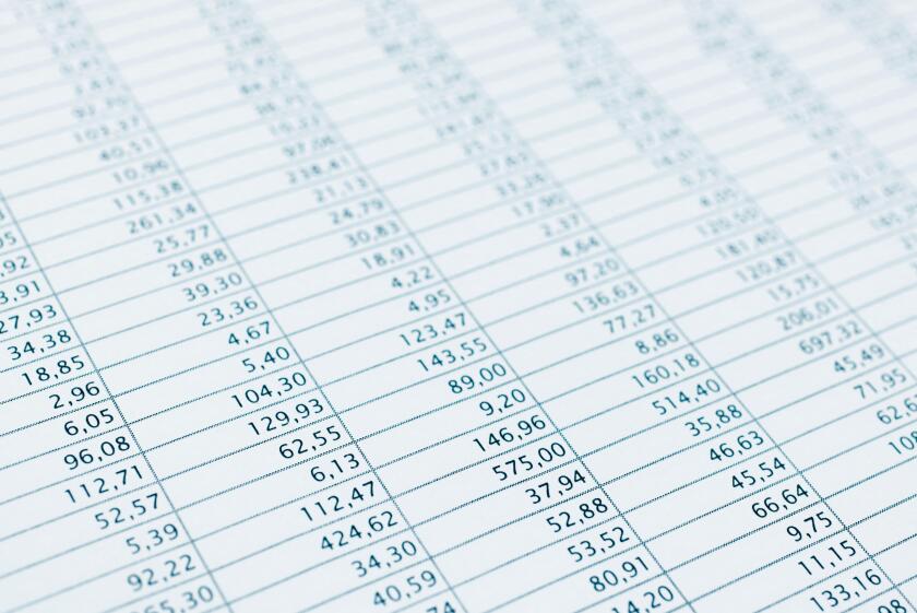 Business data report selective focus close up. Monthly stock stats spreadsheet. Blue toned.