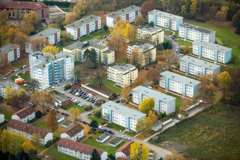 Aerial view, renovations VONOVIA skyscraper and settlement Narcissus Road, social housing, rental housing, Bochum, Ruhr aeria,