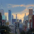 View of the Midtown Manhattan skyline with the Empire State Building from Bowery Street, Manhattan, New York, New York, USA