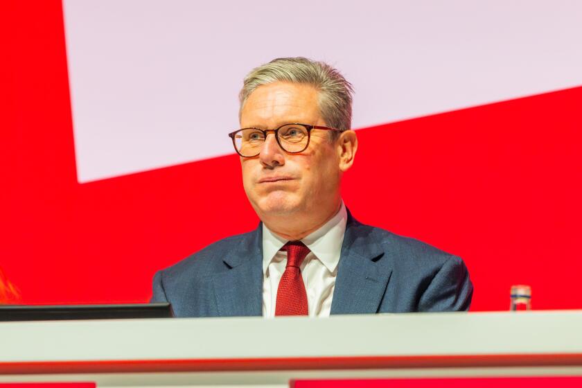 Liverpool, UK. 23 SEP, 2024.  Keir Starmer pulls an exasperated expression on stage at Labour Party Conference.  Credit Milo Chandler/Alamy Live News