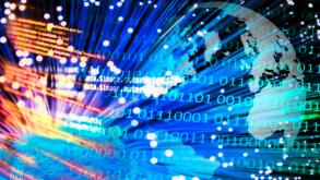 Compositing with globe, fiber optic program code and binary numbers
