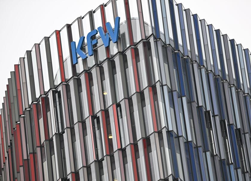 22 March 2024, Hesse, Frankfurt/Main: The logo of KfW Bankengruppe stands on the Westarkade. The state-owned promotional bank has presented its balance sheet for the past financial year 2023. Photo: Arne Dedert/dpa