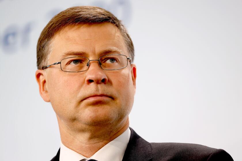 Berlin, Germany. 12th Sep, 2020. Valdis Dombrovskis, EU Vice-President and Commissioner for Economic and Capital Services, makes a statement on the second day of the informal meeting of EU economic and finance ministers. Credit: Odd Andersen/AFP/dpa/Alamy