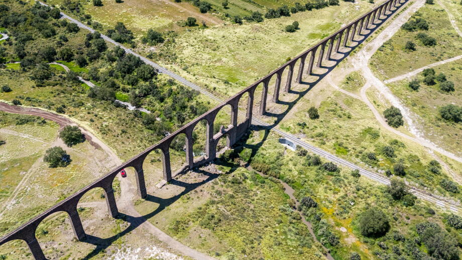 Aerial view of the Father Tembleque aqueduct in the countryside of HIdalgo, Mexico.
