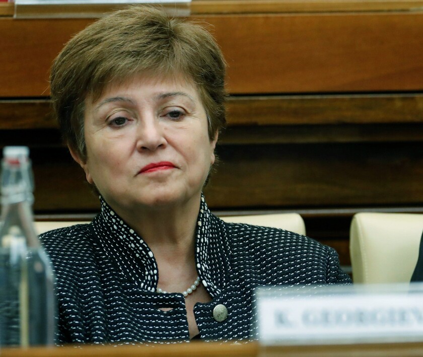IMF Managing Director Kristalina Georgieva and Argentina's Economy Minister Martin Guzman attend a conference hosted by the Vatican on economic solidarity, at the Vatican, February 5, 2020. REUTERS/Remo Casilli