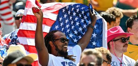 Seattle, WA, USA. 19th June, 2026. A Team USA fan waves the US flag as the team leaves the field after the FIFA World Cup soccer match between Australia and USA in Seattle, WA. Team USA defeated Australia 2-0. Steve Faber/CSM/Alamy Live News