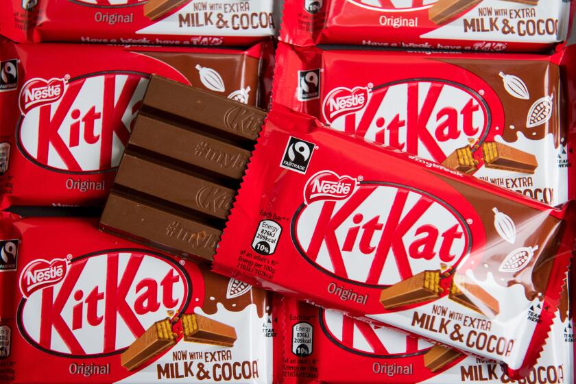 Four finger KitKat biscuits in London after a bid by Nestle to register the shape of the four-finger chocolate bar as a trademark was given the thumbs down by Court of Appeal judges.