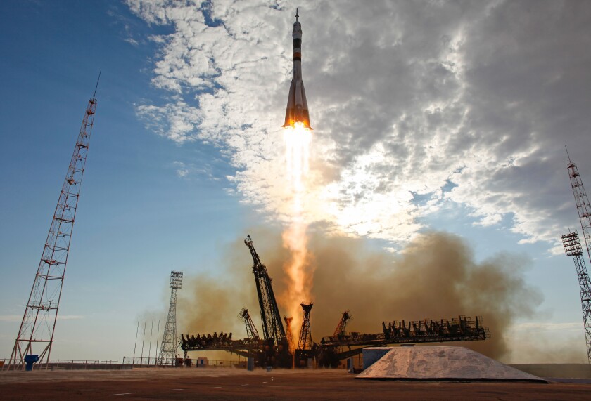 Soyuz TMA-05M rocket launches from the Baikonur Cosmodrome in Kazakhstan carrying Expedition 32 to International Space station