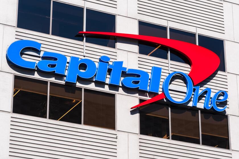August 21, 2019 San Francisco / CA / USA - Close up of Capital One logo at their corporate headquarters in SOMA district; Capital One Financial Corpor