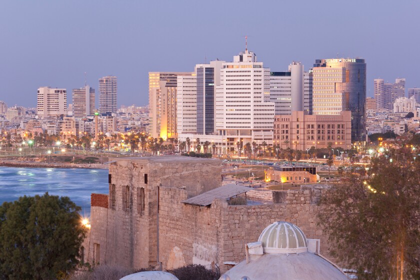 Downtown buildings viewed from HaPisgah Gardens Park, Tel Aviv, Israel, Middle East
