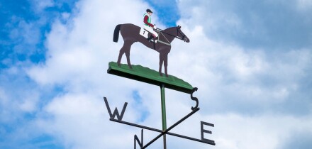 Weathervane in the shape of a racehorse and jockey