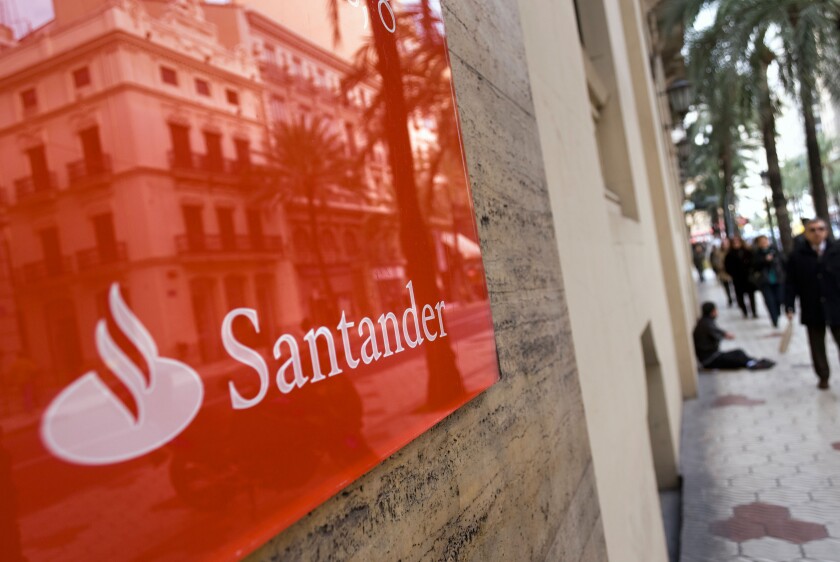 Sign on entrance of Spanish bank Santander in Valencia city. Spain
