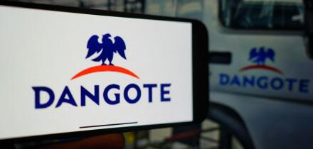 Roosendaal, The Netherlands - March 1, 2025: A mobile phone displaying the logo of Dangote Group, with the company website in the background.