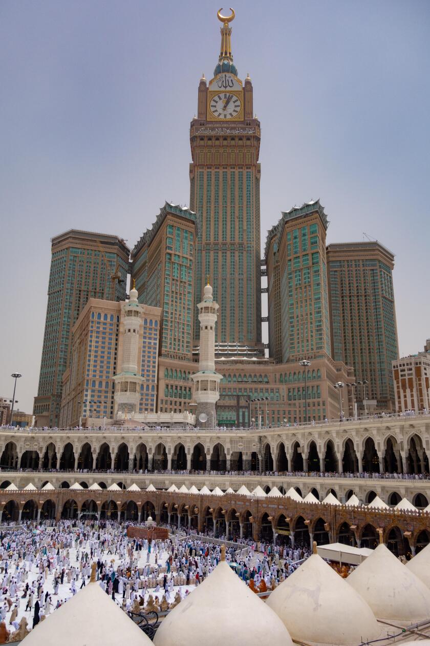 Skyline with Abraj Al Bait (Royal Clock Tower Makkah) in Mecca, Saudi Arabia.