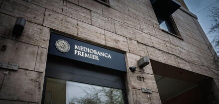 ROME, ITALY - JANUARY 19, 2025: Mediobanca Premier office in Rome, Italy, with the Mediobanca emblem. Mediobanca group is an italian investment bankin