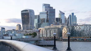 across river thames of view of modern skyscraper in London financial centre , square mile of city of London, England UK