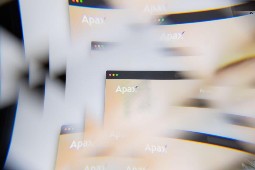 Milan, Italy - APRIL 10, 2021: Apax Partners logo on laptop screen seen through an optical prism, creative interpretation. Dynamic and unique image fr
