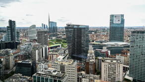 Milan, Italy - June 7, 2023: an aerial view of the new Porta Nuova district of downtown Milan.