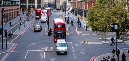 Farringdon Road from Holborn Viaduct, London, England