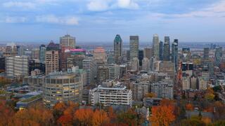 Aerial view of Montreal skyline in autumn at evening, Quebec, Canada