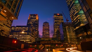 Looking down the street in Canary Wharf, London.