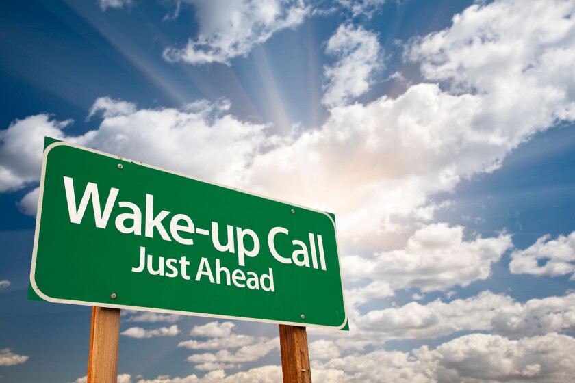 Wake-up Call Green Road Sign with Dramatic Clouds, Sun Rays and Sky.