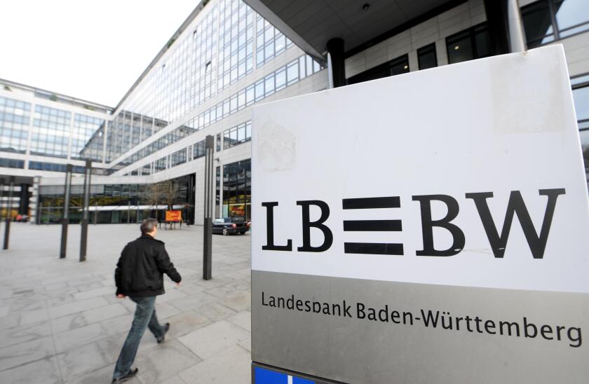 The logo of the State Bank of Baden-Wuerttemberg LBBW is featured at the entrace to its headquarters in Stuttgart, Germany, 22 November 2012. Stuttgart's local council discusses the transformation of 'silent investments' in the bank  into core capital. Ph