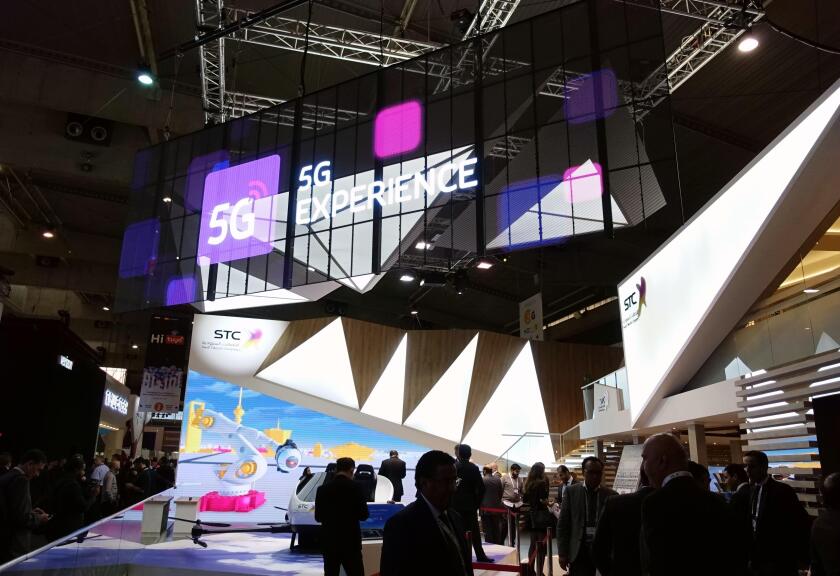 Barcelona, Spain. 26th Feb, 2019. Saudi Telecom Company presents its booth with 5G mark at Mobile World Congress (MWC 2019) in Barcelona, Spain, Feb. 26, 2019. The four-day MWC 2019 opened its door on Monday, which presents the newest 5G products of the h