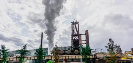 KARDEMIR, TURKEY - JULY 15, 2019: Panoramic view of Kardemir Karabuk Iron and Steel Factory.  The coal tower on coke and metallurgical plant. Karabuk,