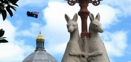 Melbourne Australia; Heritage Kangaroo sculpture outside the Royal Exhibition Building.