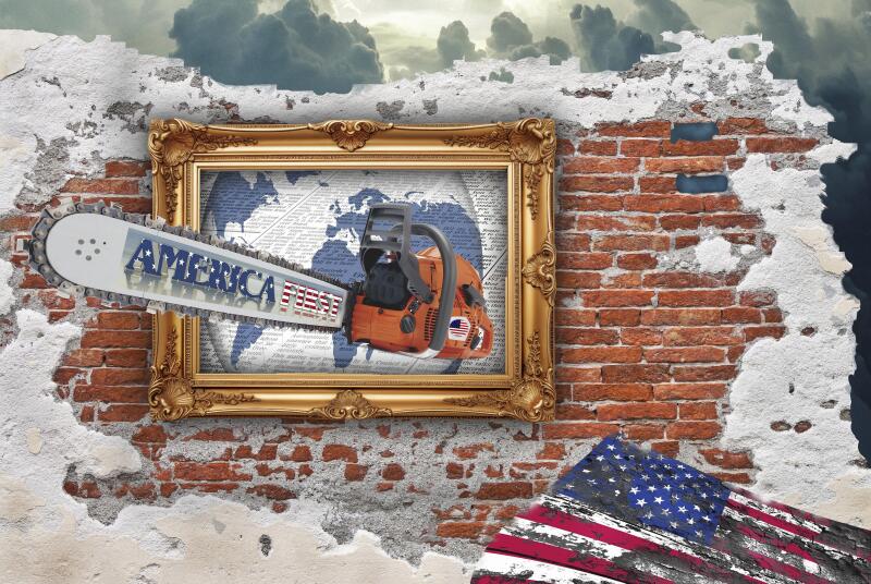 Symbolic image, chainsaw threat, US democracy in danger, EU and Germany under political pressure, industry, Donald Trump, tariff threats, Elon Musk, M
