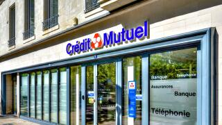 Facade and entrance to a city center branch of the "Credit Mutuel" national bank - Chatellerault, Vienne (86), France.