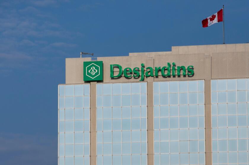 A logo sign outside of a facility occupied by The Desjardins Group in Mississauga, Ontario, Canada, on April 15, 2017.