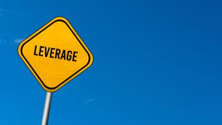 Leverage - yellow sign with blue sky. Image shot 05/2018. Exact date unknown.