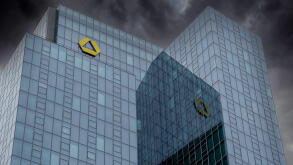 Commerzbank Tower in Frankfurt while Dark clouds passing by. Financial Business in Germany. Financial crisis. Banking industry