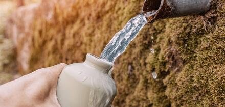 Hand filling a reusable bottle with fresh, pure drinking water flowing from a pipe embedded in moss covered rocks