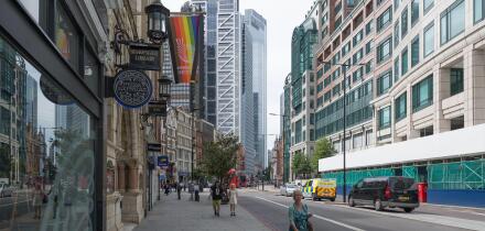View along Bishopsgate towards the City, showing high rise office developments, including The Heron Building, 100 Bishopsgate and 22 Bishopsgate.