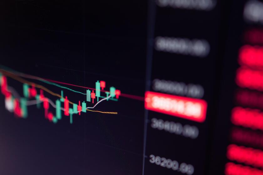 Close up of Bitcoin and Cryptocurrency stock market exchange candlestick chart