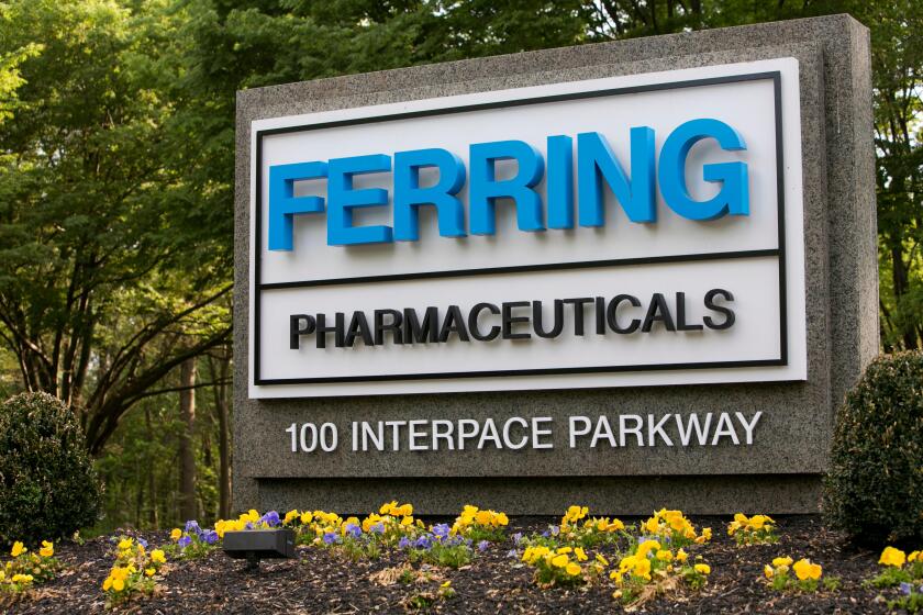 A logo sign outside of the headquarters of Ferring Pharmaceuticals Inc., in Parsippany, New Jersey.
