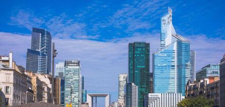 France, ile-de-France, Paris, La Defense, Courbevoie. From right to left, the First Tower or CB31 tower, CB21 Tower by Covivio, the Grande Arche, the