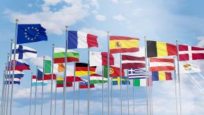 The flag of the European Union with the flags of the European Union waving in the sky ,Close-up