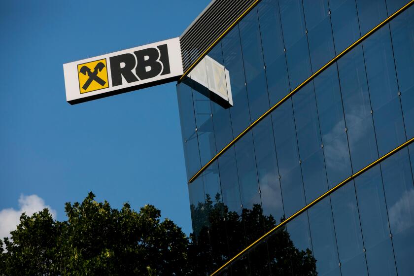 A logo sign outside of the headquarters of Raiffeisen Bank International (RBI) in Vienna, Austria, on September 5, 2018.