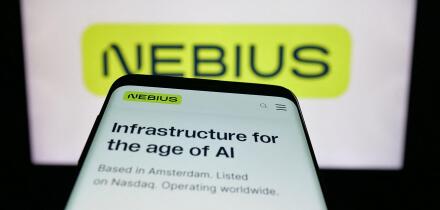 Stuttgart, Germany - 11-06-2025: Mobile phone with website of AI infrastructure company Nebius Group N.V. on screen in front of logo.