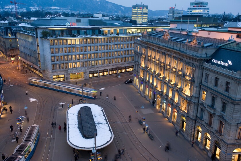 Zurich, Switzerland, parade ground with UBS Bank and Credit Suisse