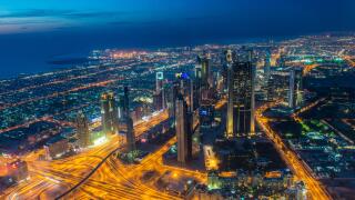 View over Dubai from Burj Khalifa at night, Dubai, United Arab Emirates, Middle East